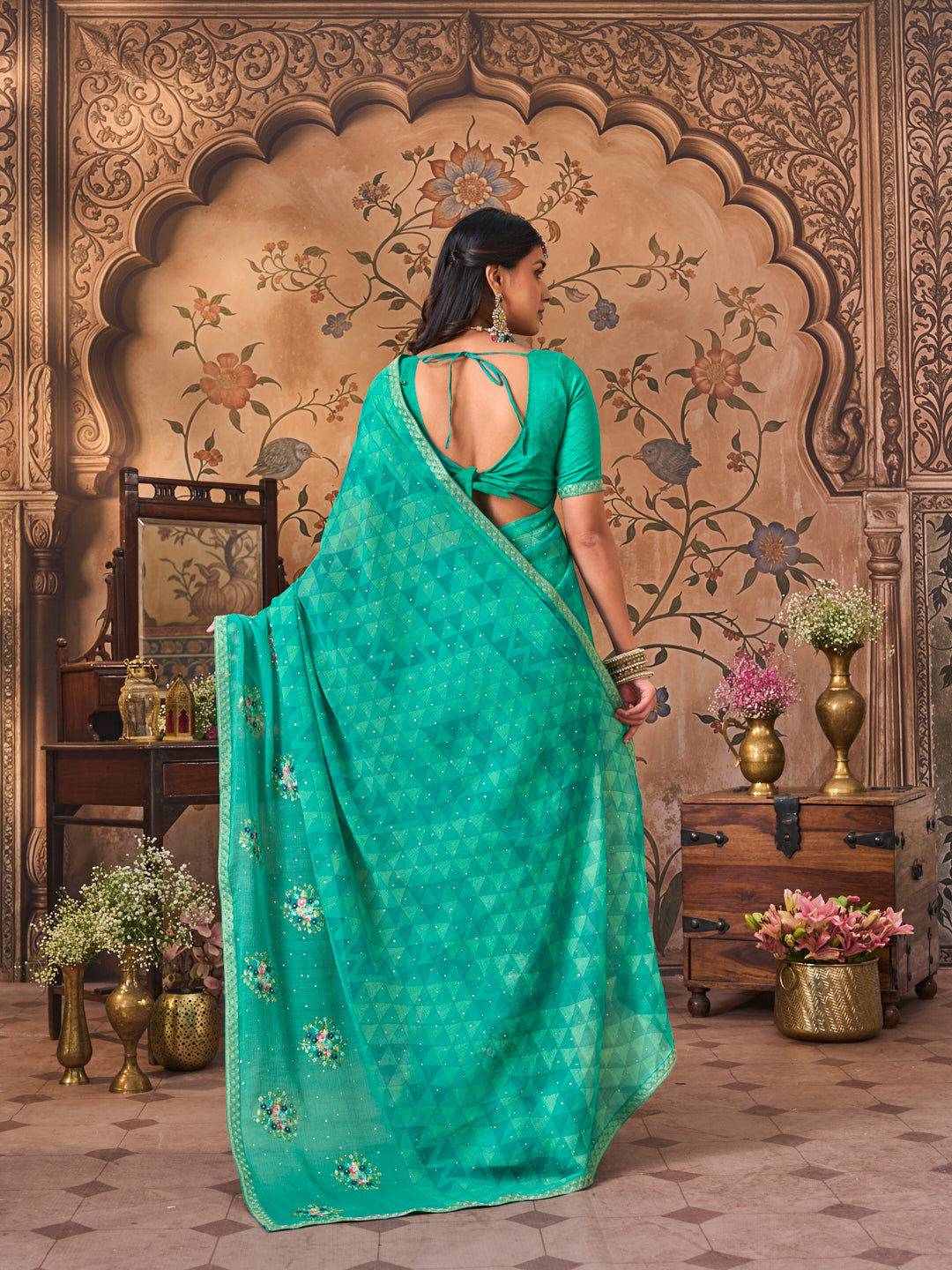 Laxmipati Monaco Embellished Floral Embroidered Chiffon Saree in Teal Blue Color