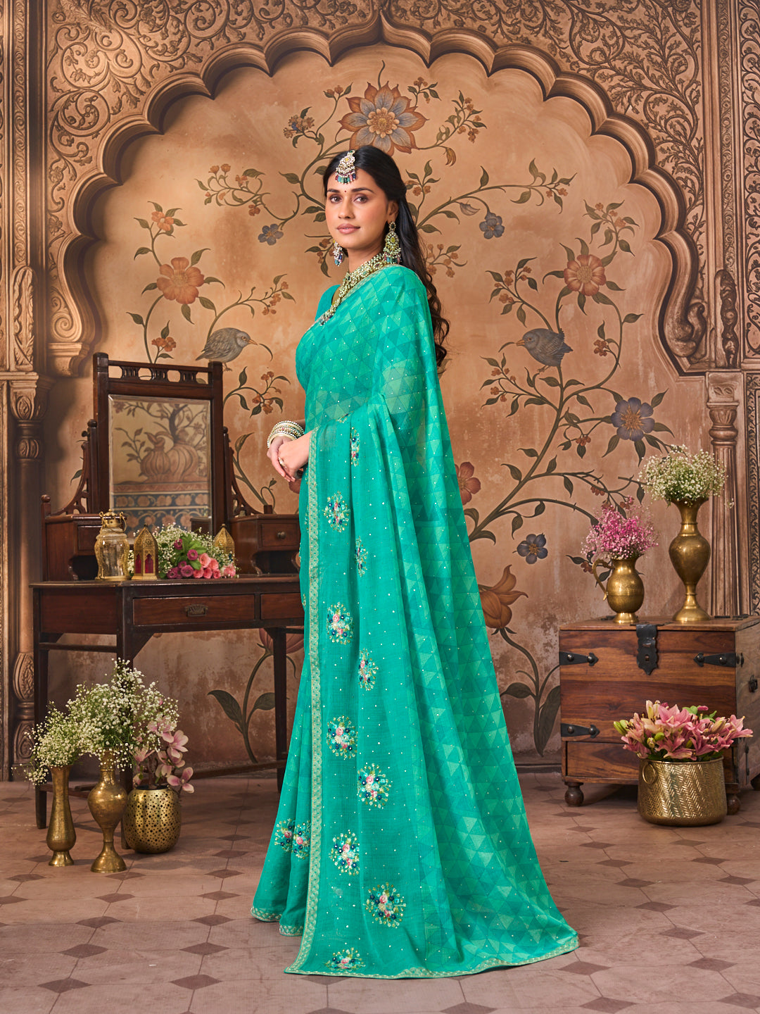 Laxmipati Monaco Embellished Floral Embroidered Chiffon Saree in Teal Blue Color