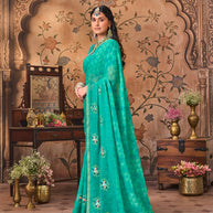 Laxmipati Monaco Embellished Floral Embroidered Chiffon Saree in Teal Blue Color