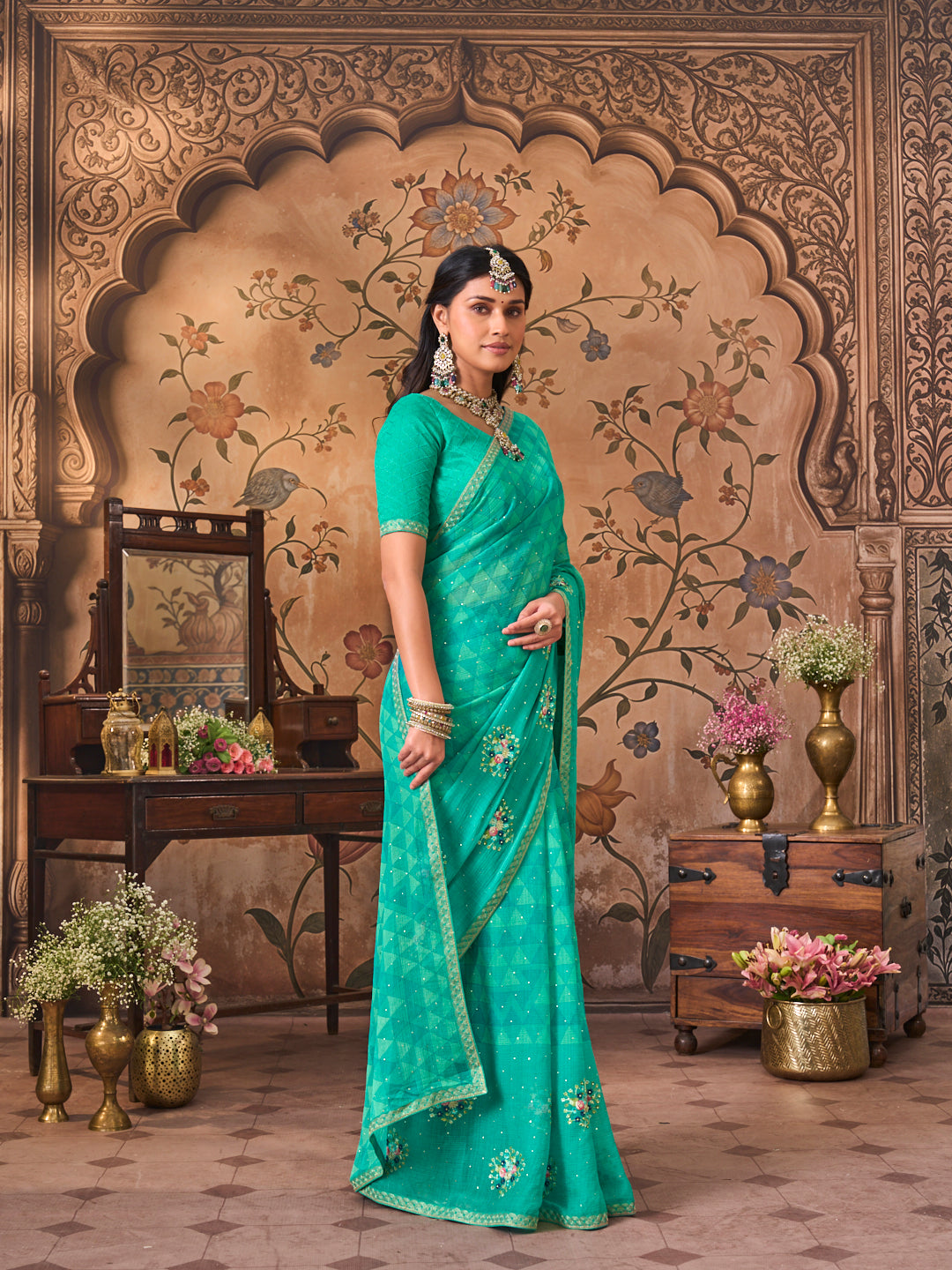 Laxmipati Monaco Embellished Floral Embroidered Chiffon Saree in Teal Blue Color
