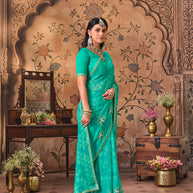 Laxmipati Monaco Embellished Floral Embroidered Chiffon Saree in Teal Blue Color