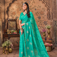 Laxmipati Monaco Embellished Floral Embroidered Chiffon Saree in Teal Blue Color