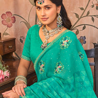 Laxmipati Monaco Embellished Floral Embroidered Chiffon Saree in Teal Blue Color