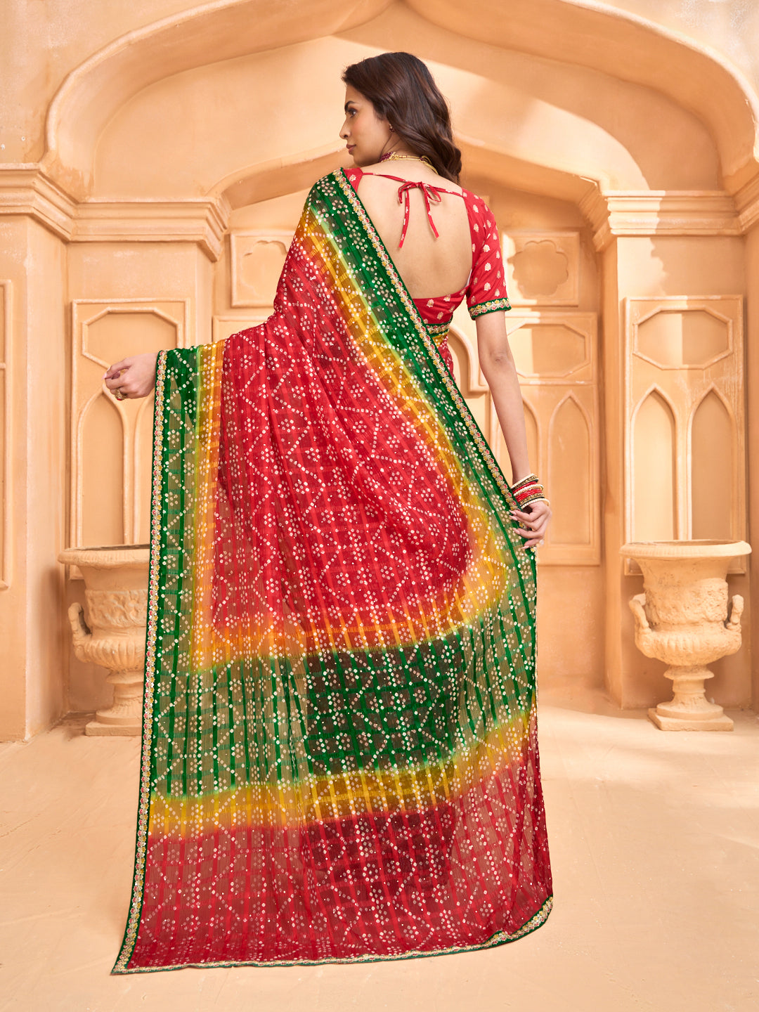 Laxmipati Tohfa Bandhani Printed Chiffon Saree in Red Color