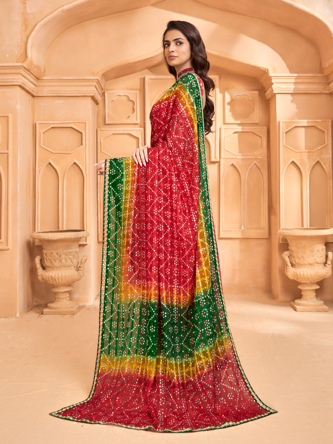 Laxmipati Tohfa Bandhani Printed Chiffon Saree in Red Color