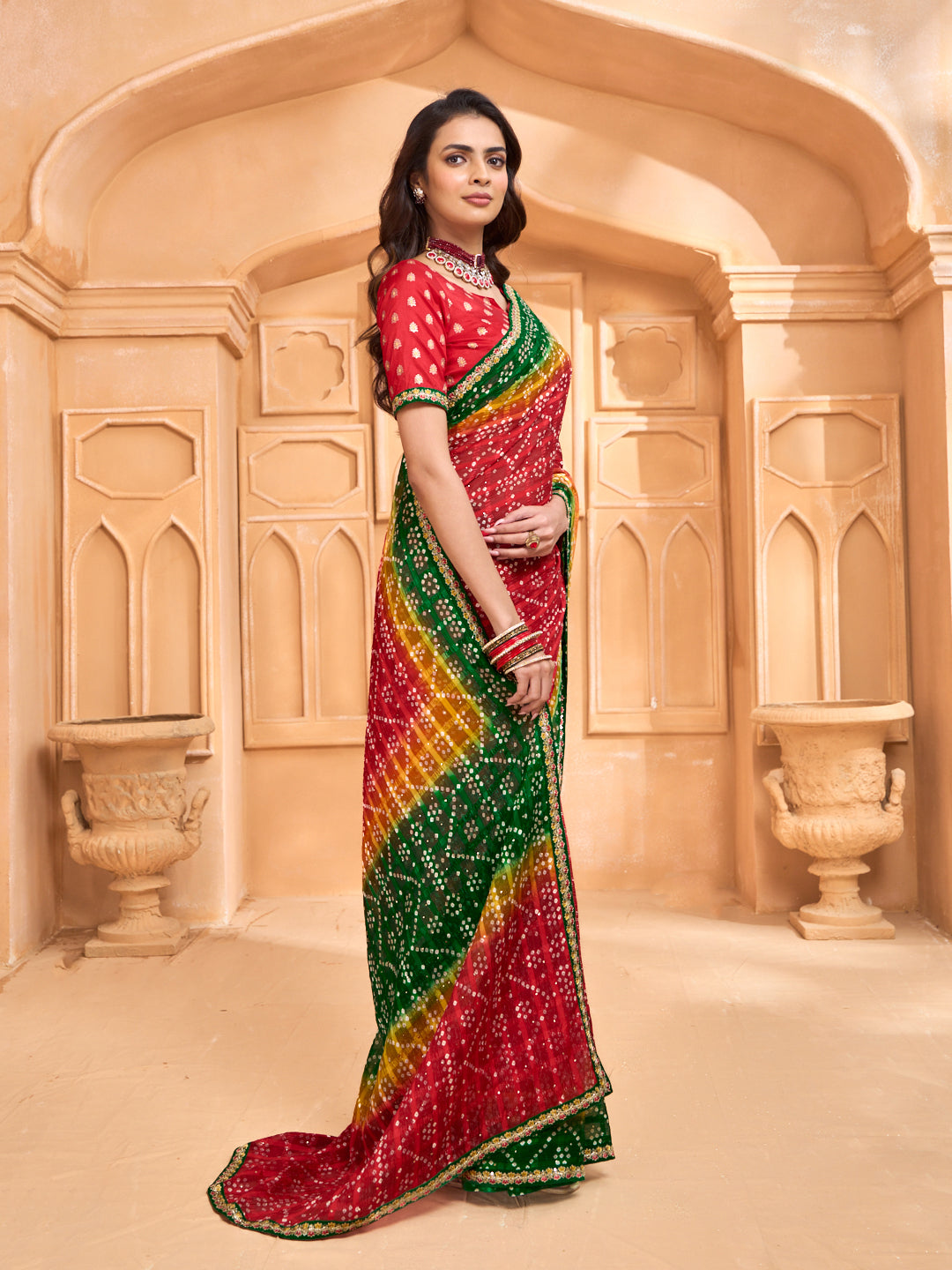 Laxmipati Tohfa Bandhani Printed Chiffon Saree in Red Color