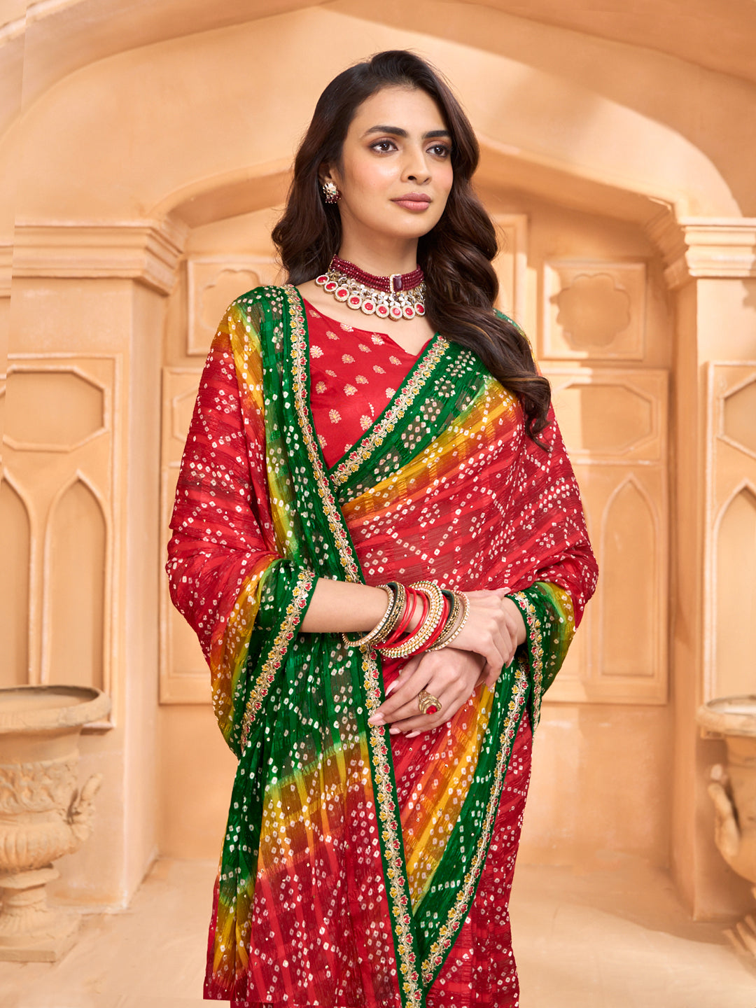 Laxmipati Tohfa Bandhani Printed Chiffon Saree in Red Color