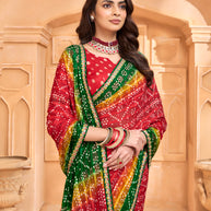 Laxmipati Tohfa Bandhani Printed Chiffon Saree in Red Color