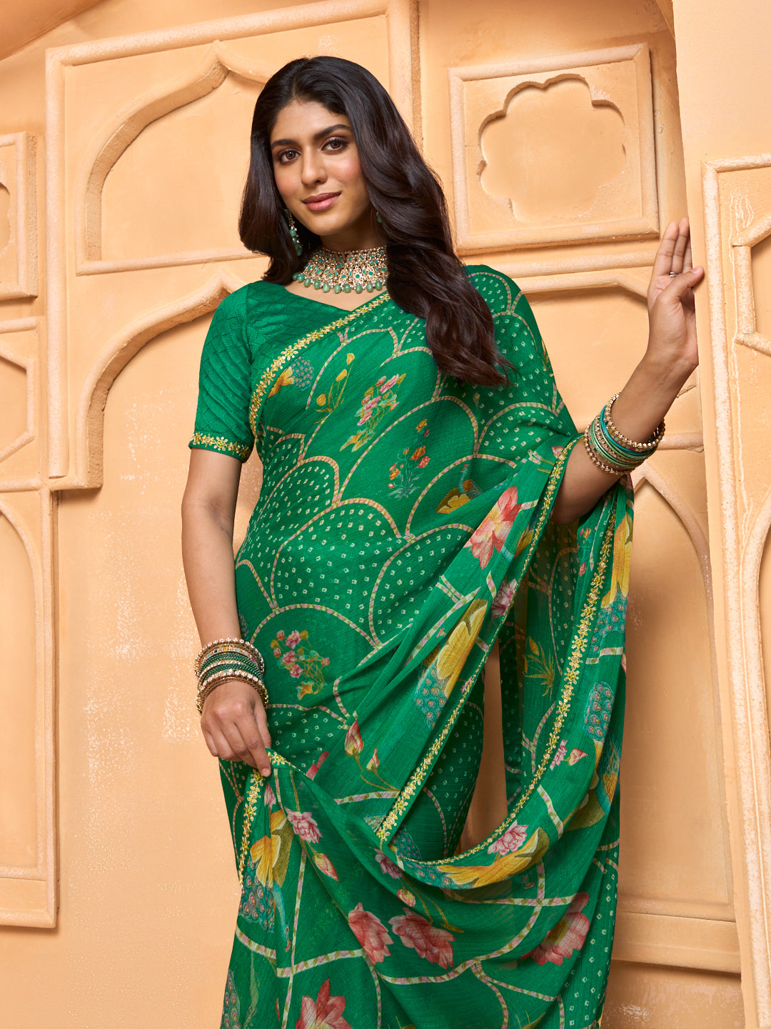 Laxmipati Tohfa Floral Printed Chiffon Saree in Teal Green