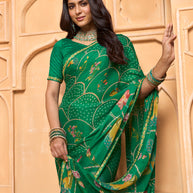 Laxmipati Tohfa Floral Printed Chiffon Saree in Teal Green