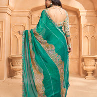 Laxmipati Tohfa Floral Printed Chiffon Saree in Teal Green