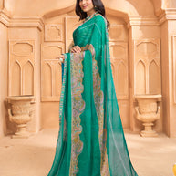 Laxmipati Tohfa Floral Printed Chiffon Saree in Teal Green