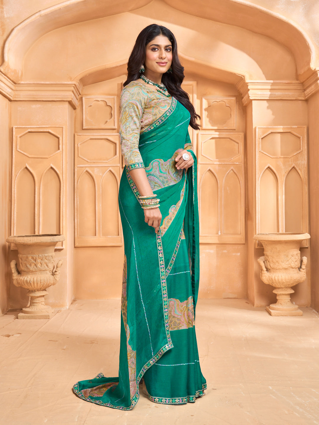 Laxmipati Tohfa Floral Printed Chiffon Saree in Teal Green