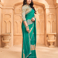 Laxmipati Tohfa Floral Printed Chiffon Saree in Teal Green