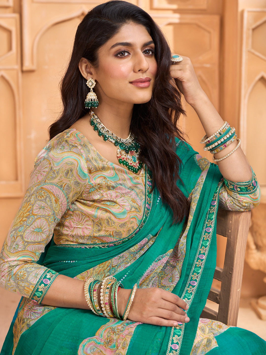 Laxmipati Tohfa Floral Printed Chiffon Saree in Teal Green