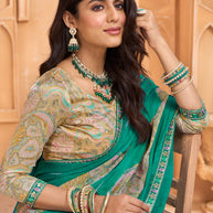 Laxmipati Tohfa Floral Printed Chiffon Saree in Teal Green