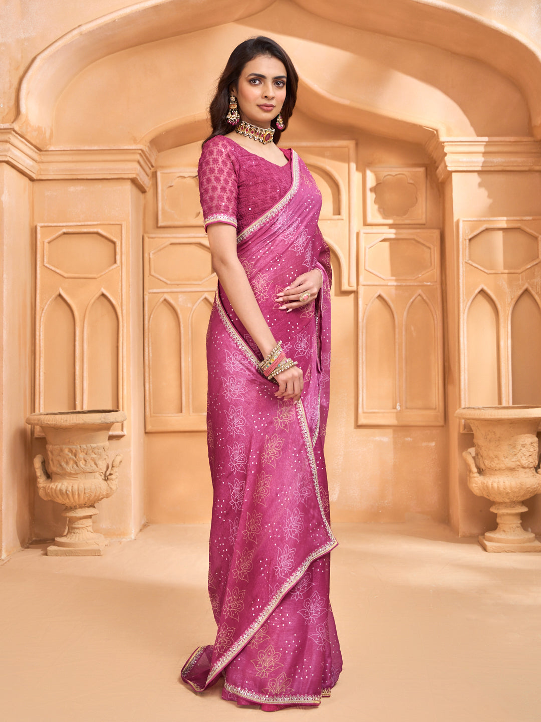 Laxmipati Tohfa Floral Printed Chiffon Saree in Pink Color