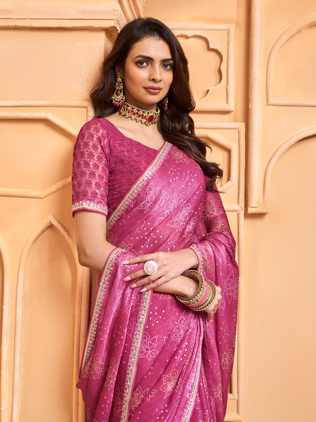 Laxmipati Tohfa Floral Printed Chiffon Saree in Pink Color