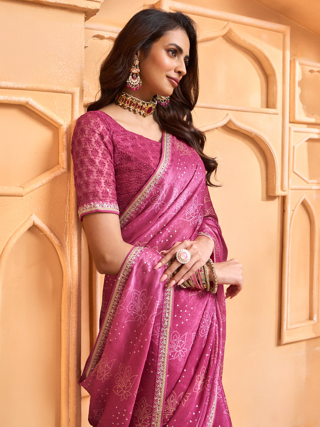 Laxmipati Tohfa Floral Printed Chiffon Saree in Pink Color