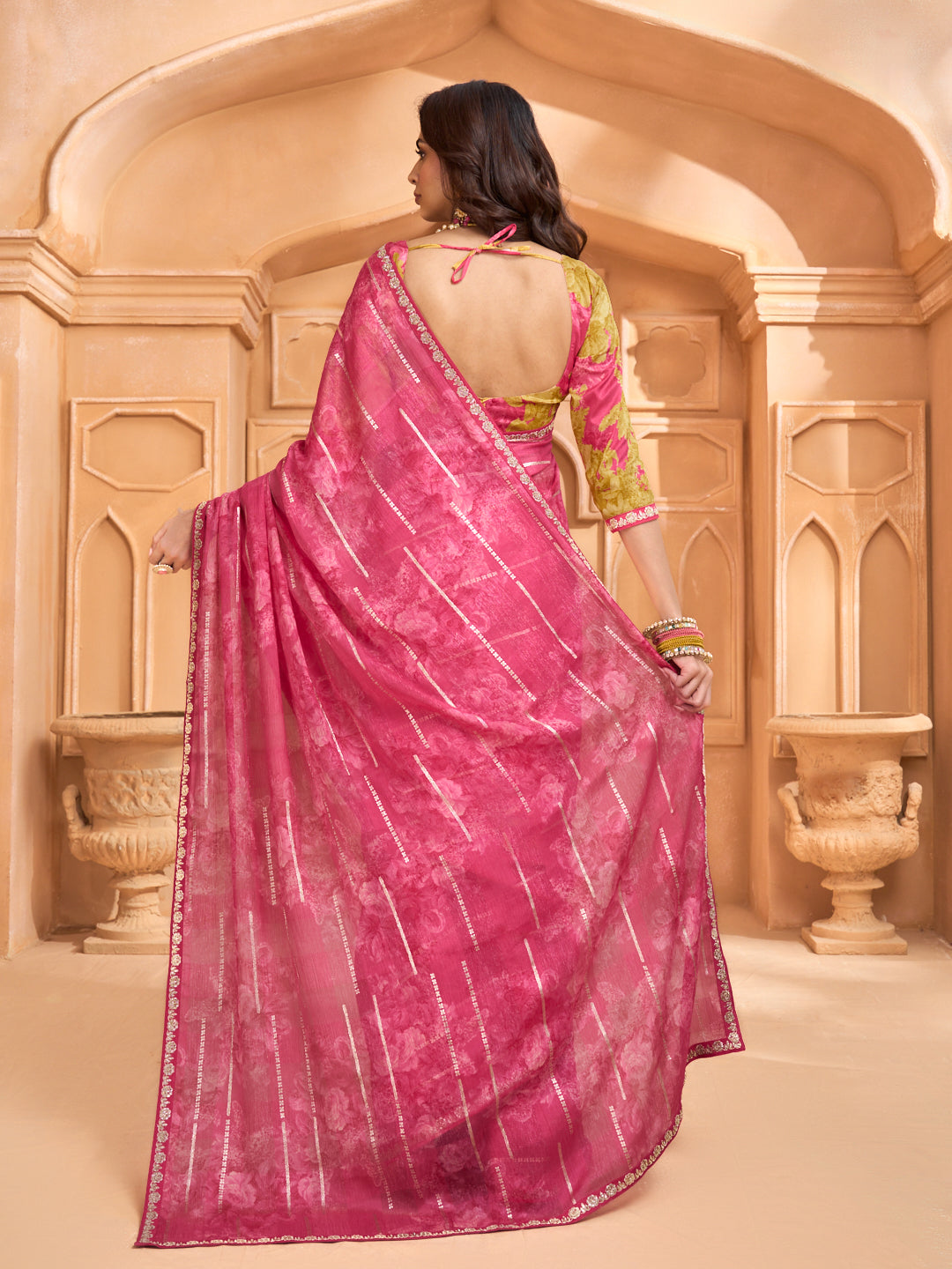 Laxmipati Tohfa Floral Printed Silk Saree in Pink Color