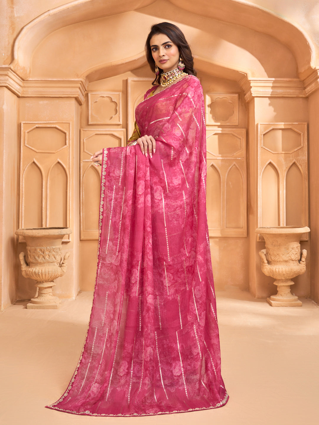 Laxmipati Tohfa Floral Printed Silk Saree in Pink Color