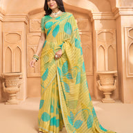 Laxmipati Tohfa Floral Printed Chiffon Saree in Yellow Color