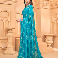 Laxmipati Tohfa Abstract Printed Chiffon Saree in Teal Blue Color
