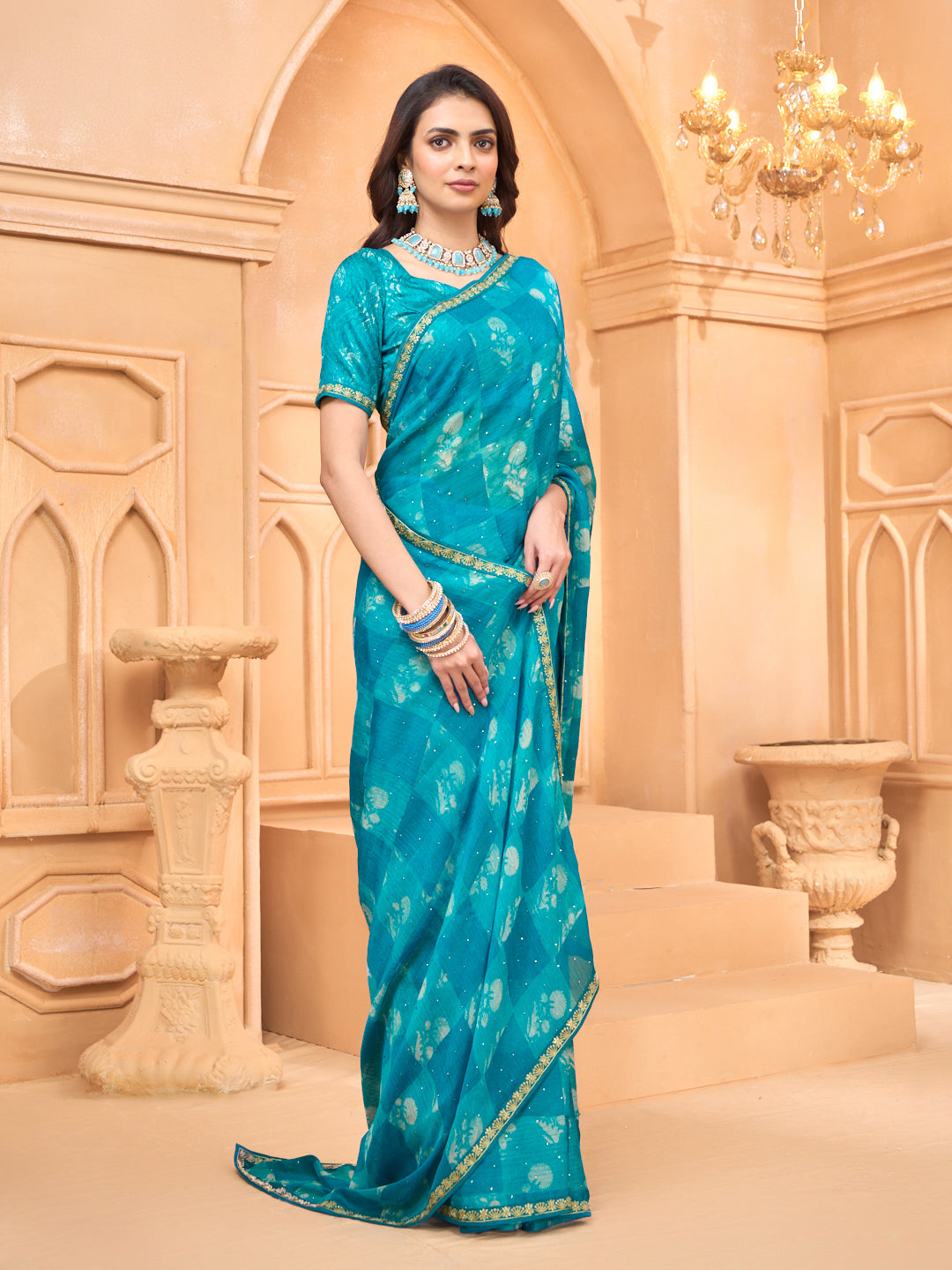 Laxmipati Tohfa Abstract Printed Chiffon Saree in Teal Blue Color