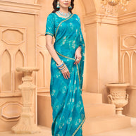 Laxmipati Tohfa Abstract Printed Chiffon Saree in Teal Blue Color