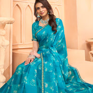 Laxmipati Tohfa Abstract Printed Chiffon Saree in Teal Blue Color