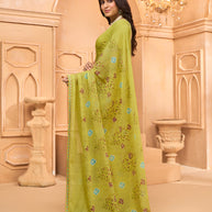 Laxmipati Tohfa Floral Printed Chiffon Saree in Lime Yellow Color