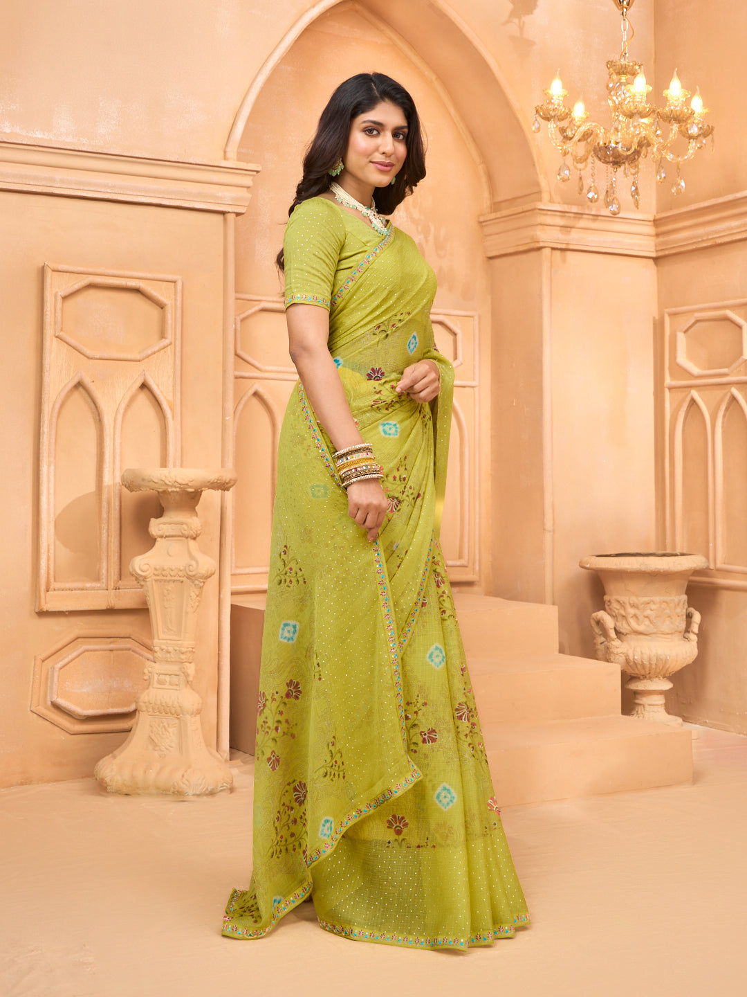 Laxmipati Tohfa Floral Printed Chiffon Saree in Lime Yellow Color