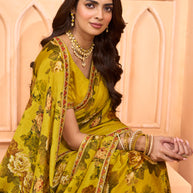 Laxmipati Tohfa Floral Printed Silk Saree in Yellow Color