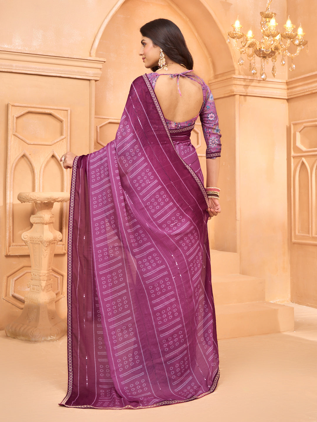 Laxmipati Tohfa Bandhani Printed Chiffon Saree in Purple Color