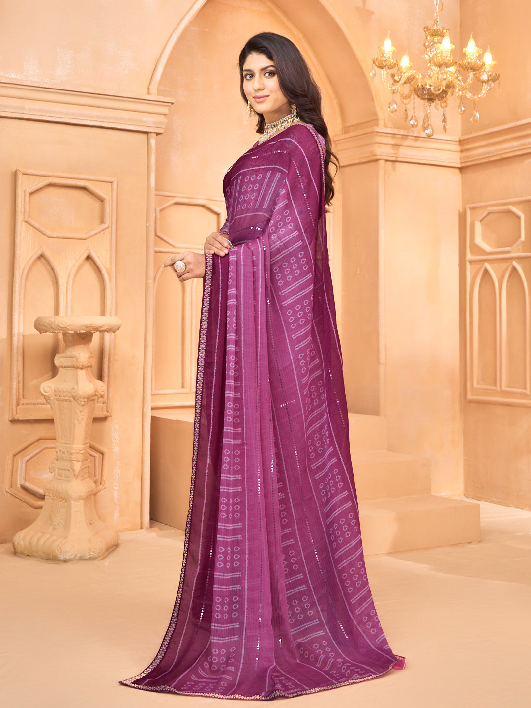Laxmipati Tohfa Bandhani Printed Chiffon Saree in Purple Color