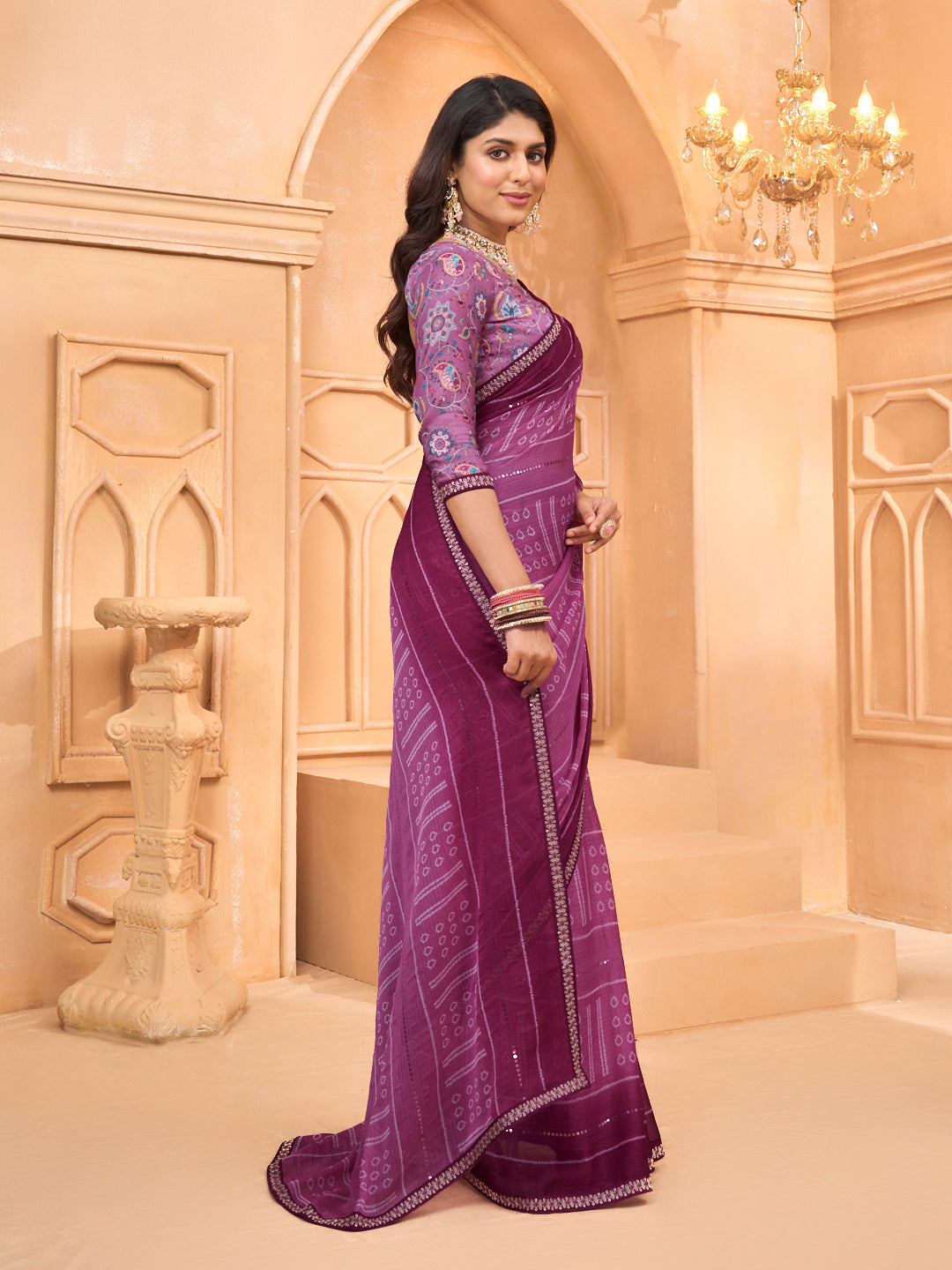 Laxmipati Tohfa Bandhani Printed Chiffon Saree in Purple Color