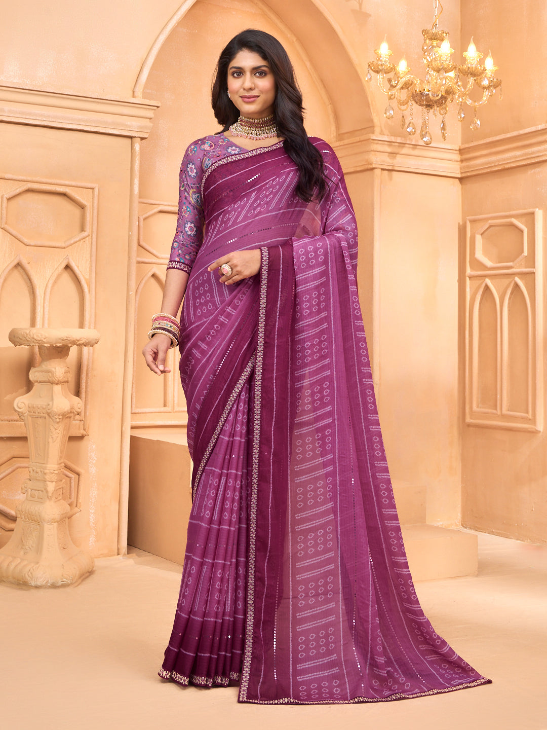 Laxmipati Tohfa Bandhani Printed Chiffon Saree in Purple Color