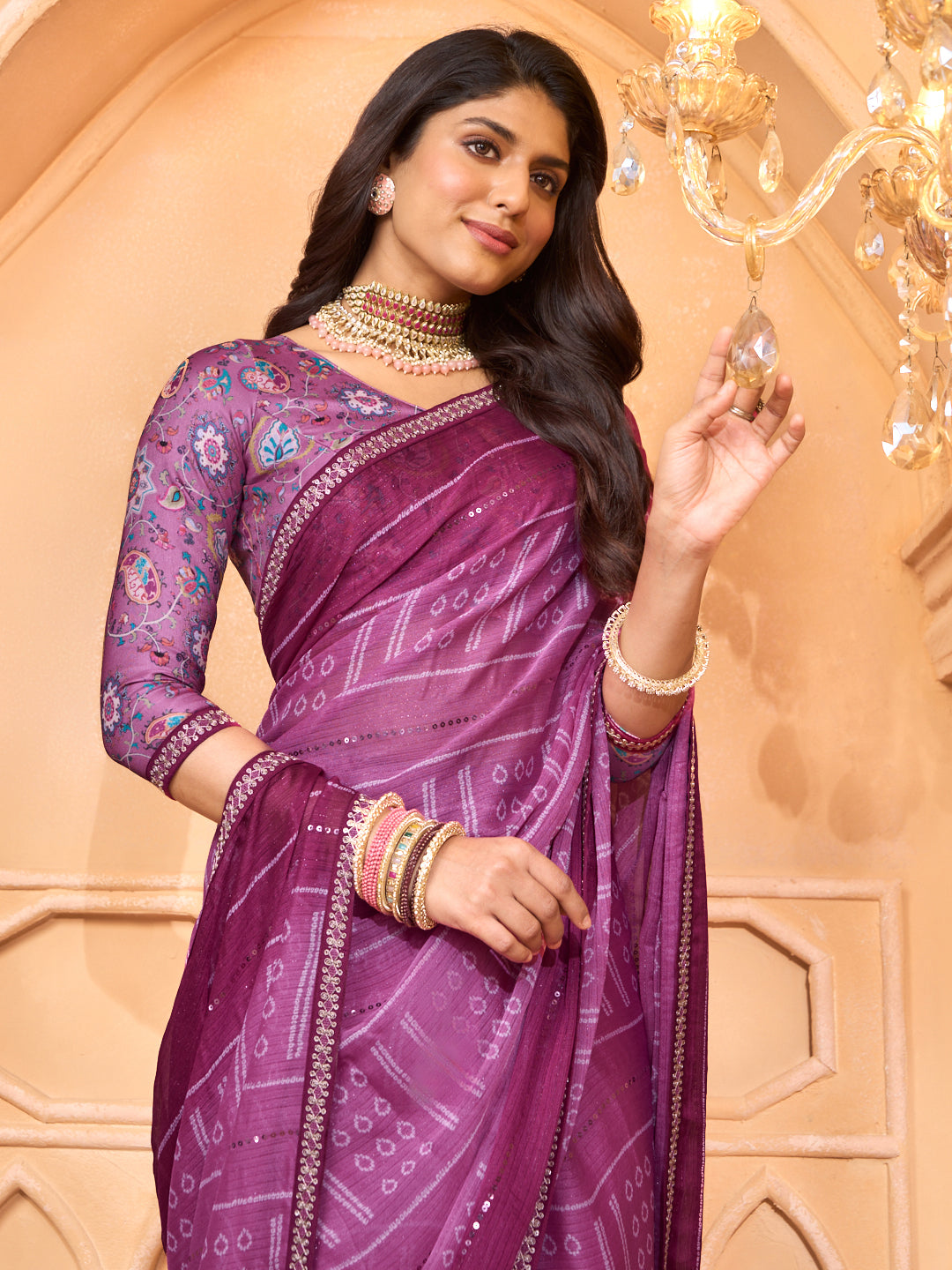 Laxmipati Tohfa Bandhani Printed Chiffon Saree in Purple Color