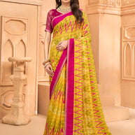 Laxmipati Tohfa Ikkat Printed Chiffon Saree in Yellow Color