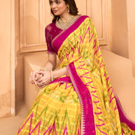 Laxmipati Tohfa Ikkat Printed Chiffon Saree in Yellow Color