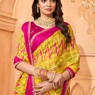 Laxmipati Tohfa Ikkat Printed Chiffon Saree in Yellow Color