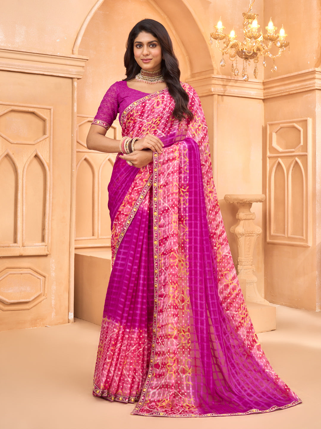 Laxmipati Tohfa Bandhani Printed Silk Saree in Pink Color