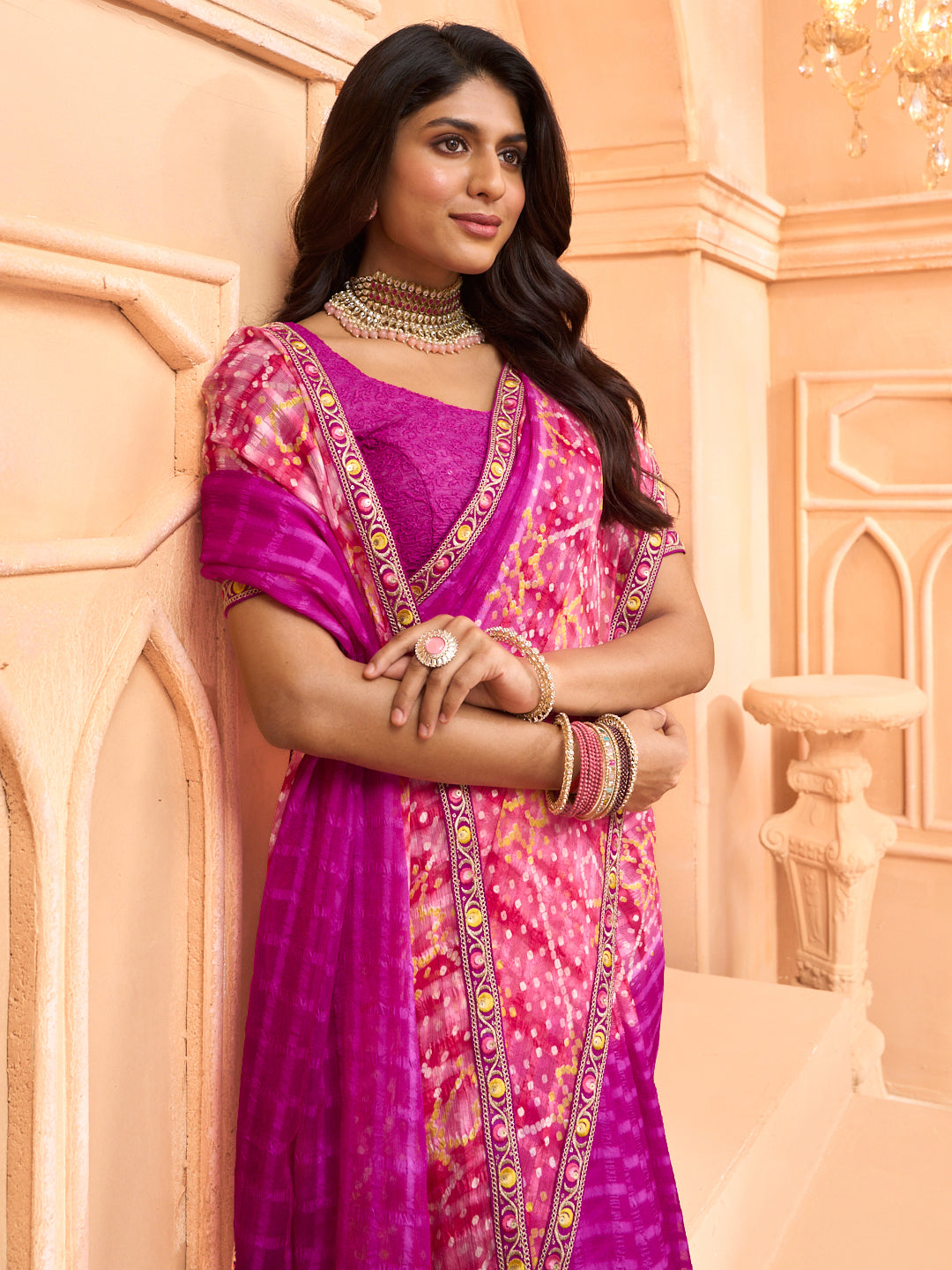 Laxmipati Tohfa Bandhani Printed Silk Saree in Pink Color