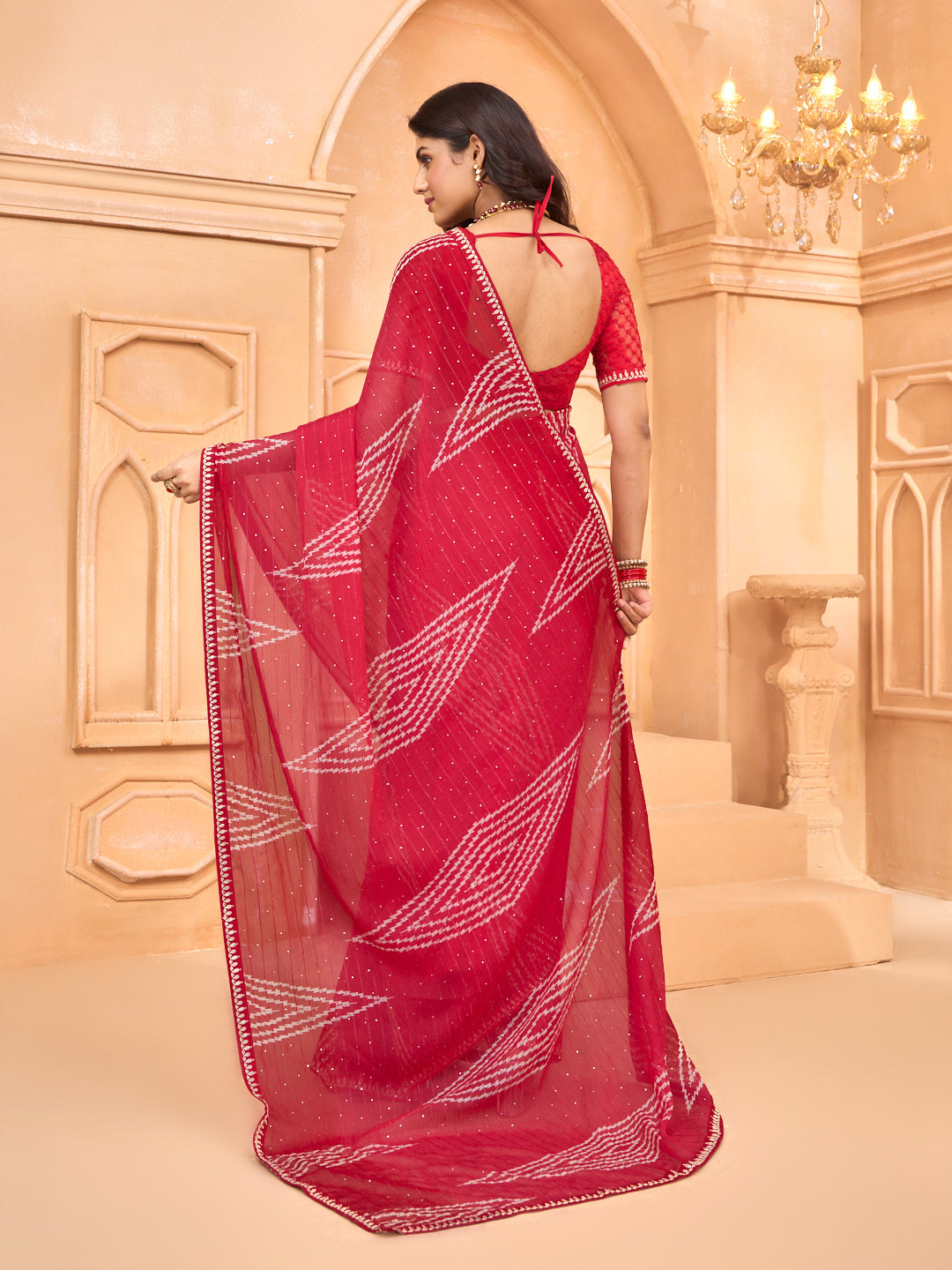 Laxmipati Tohfa Geometric Printed Chiffon Saree in Red Color