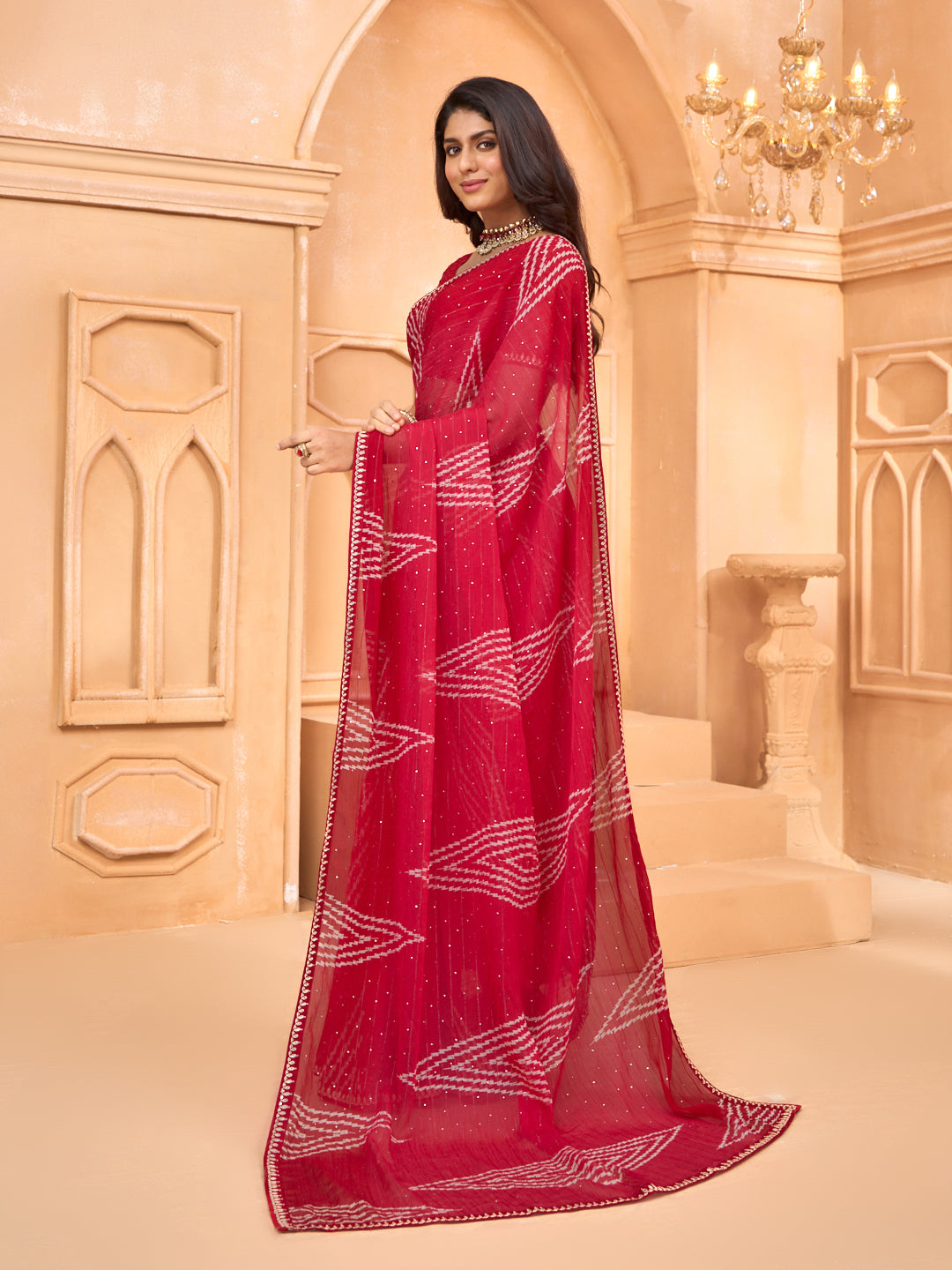Laxmipati Tohfa Geometric Printed Chiffon Saree in Red Color