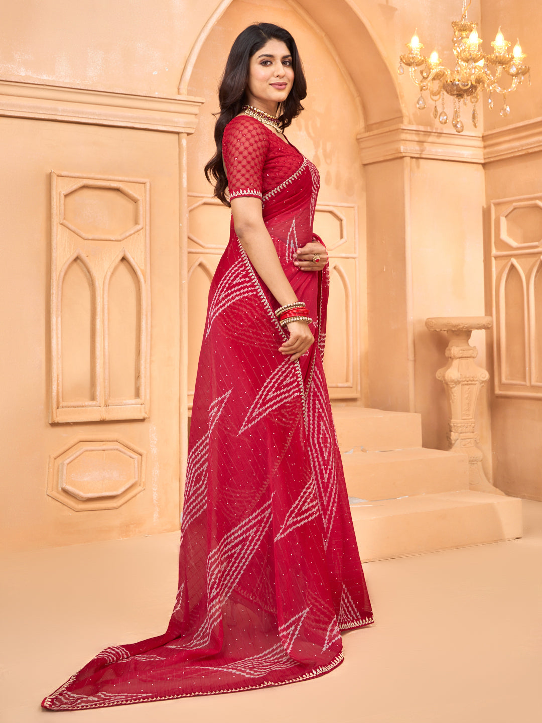 Laxmipati Tohfa Geometric Printed Chiffon Saree in Red Color
