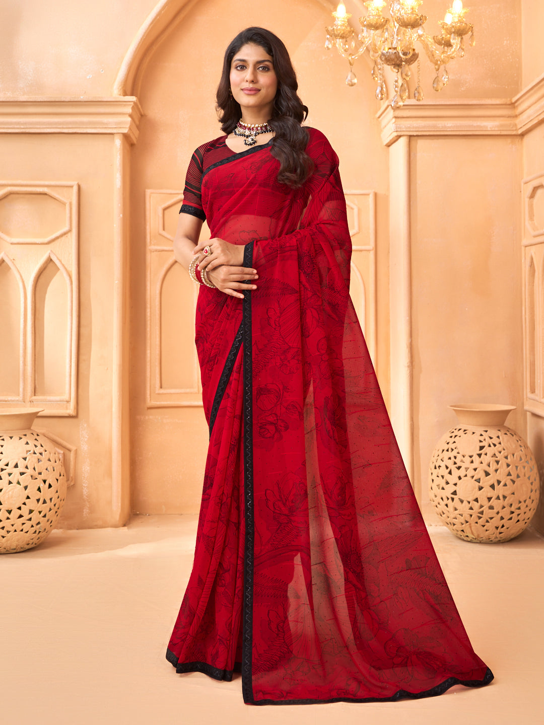 Laxmipati Tohfa Floral Printed Georgette Saree in Red Color
