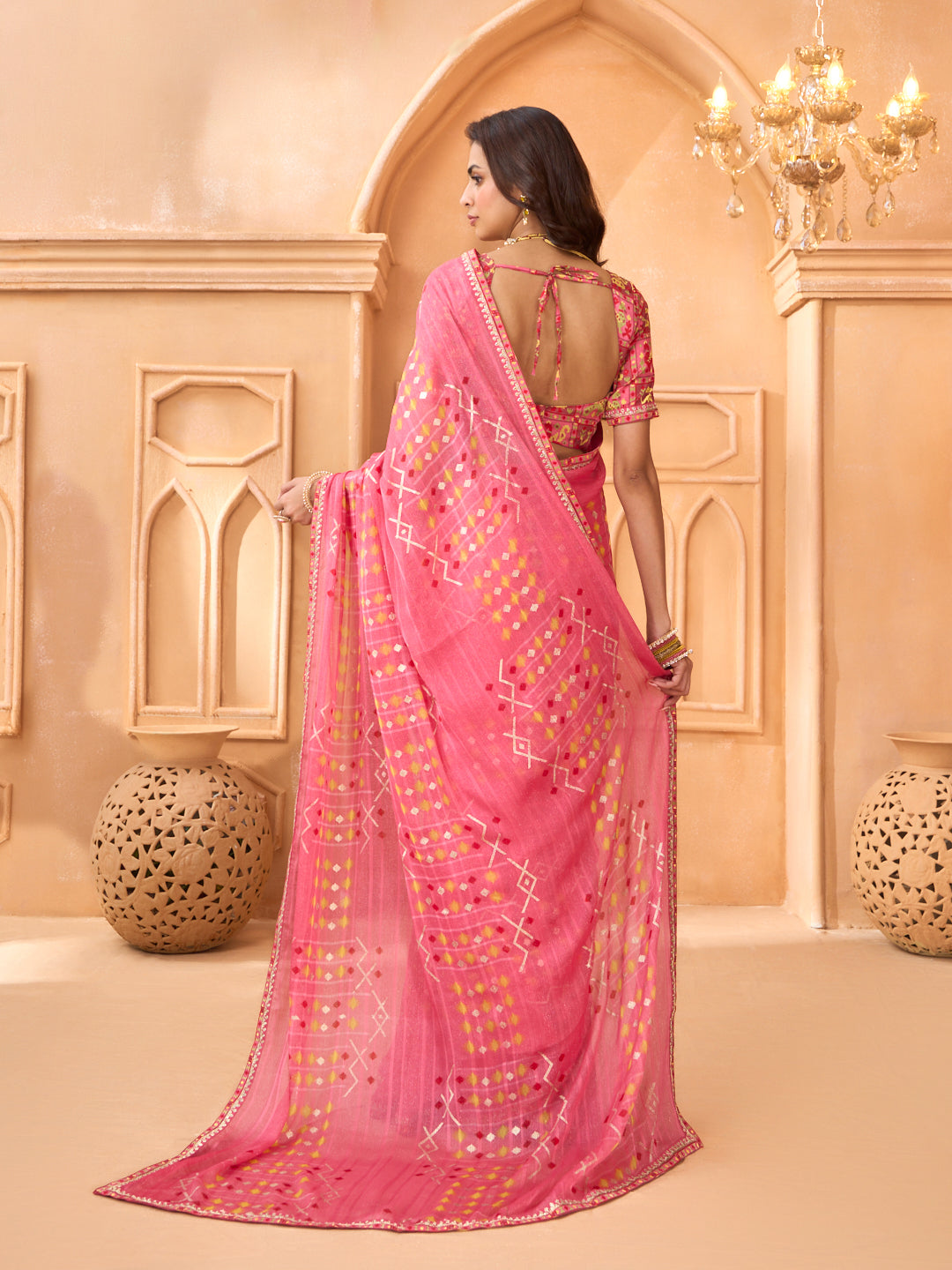 Laxmipati Tohfa Abstract Printed Chiffon Saree in Pink Color