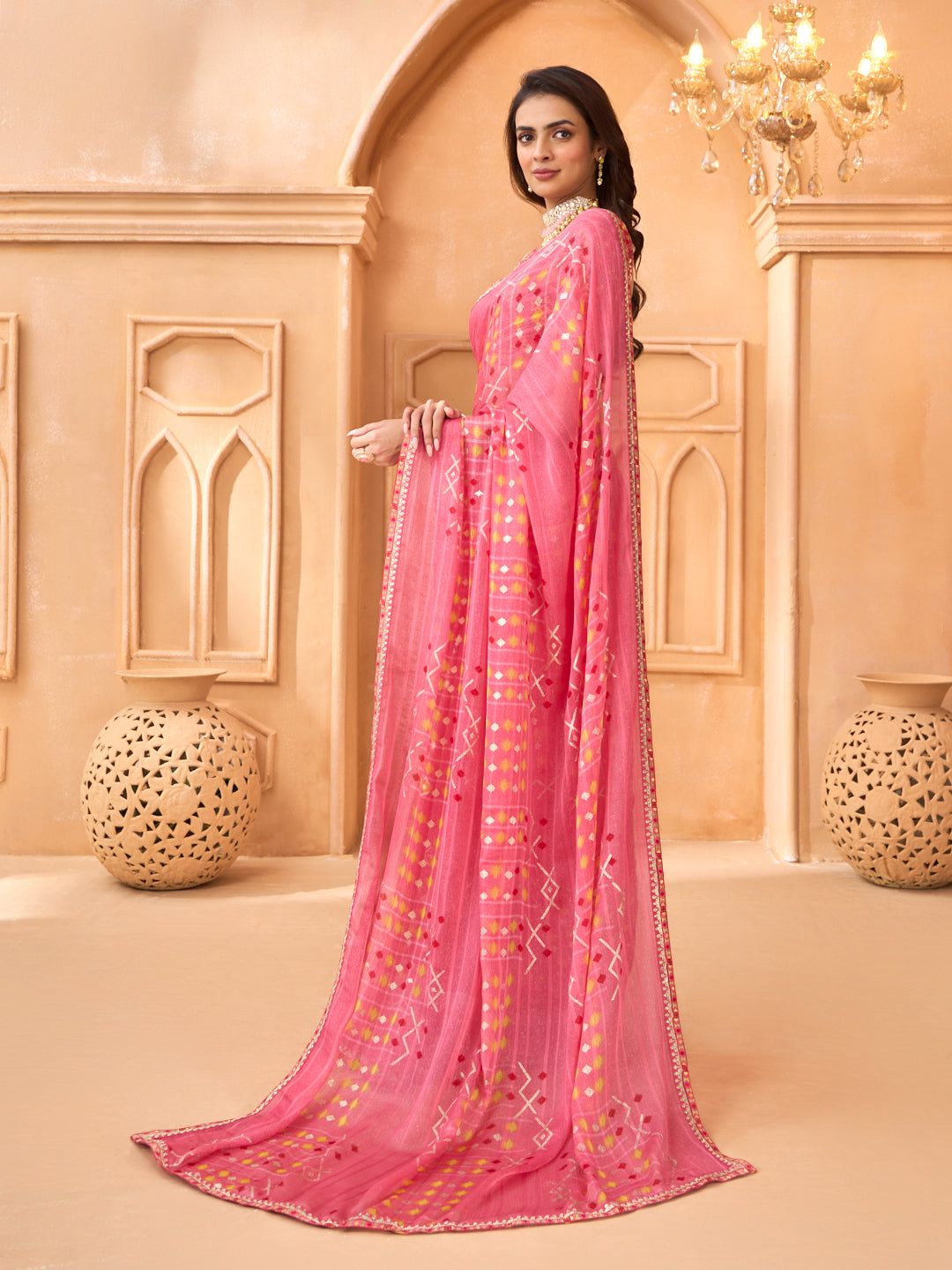 Laxmipati Tohfa Abstract Printed Chiffon Saree in Pink Color