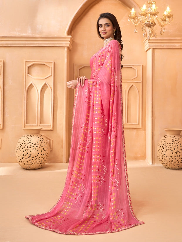 Laxmipati Tohfa Abstract Printed Chiffon Saree in Pink Color